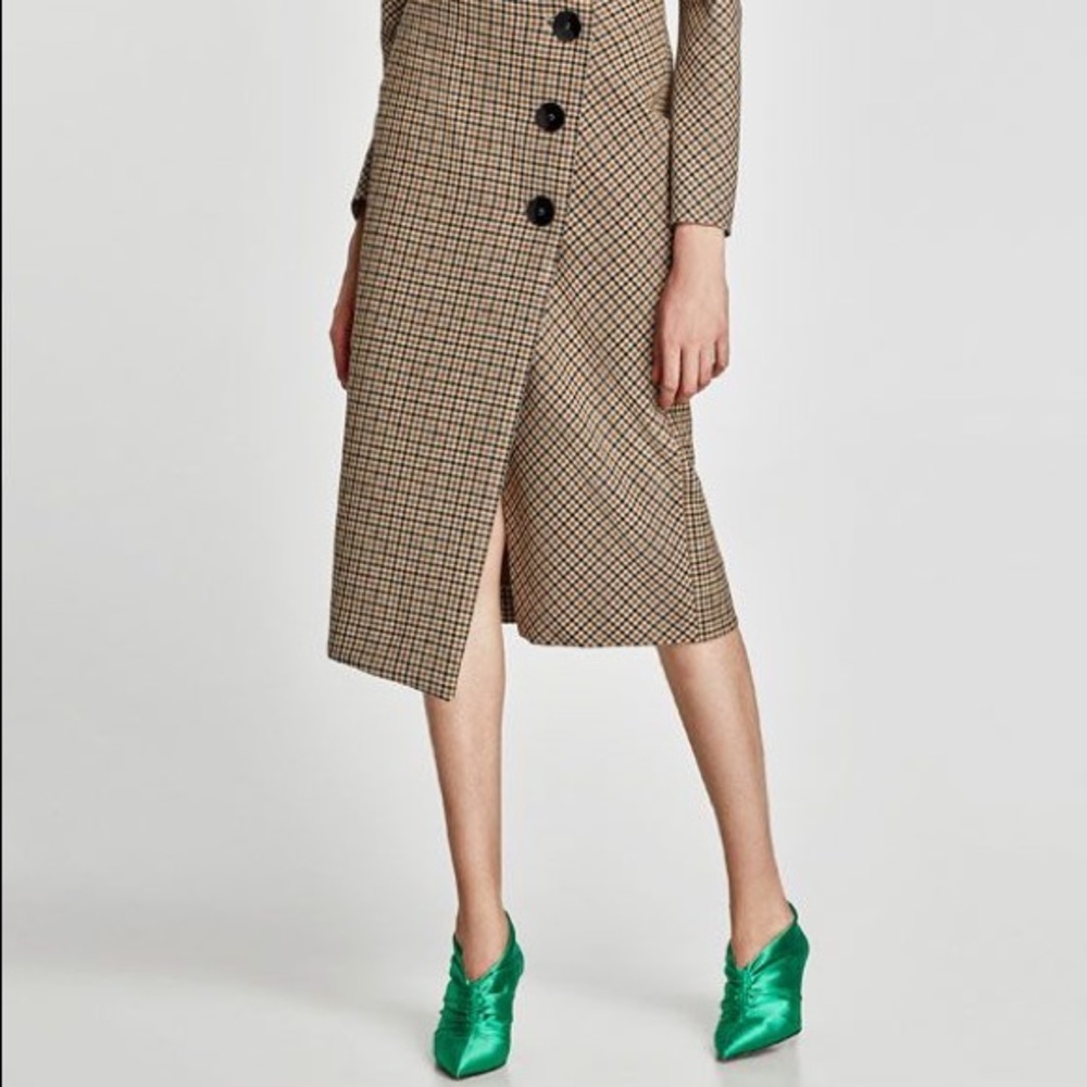 Zara Checked Wrap Midi Skirt